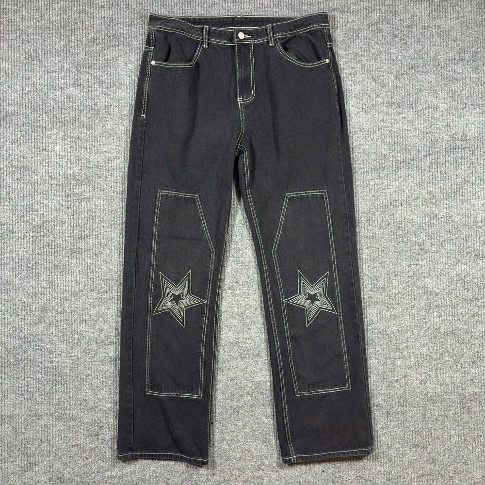 Unbranded Mens Baggy Jeans W35 Black Denim Star Panel Streetwear Embroidered Y2K